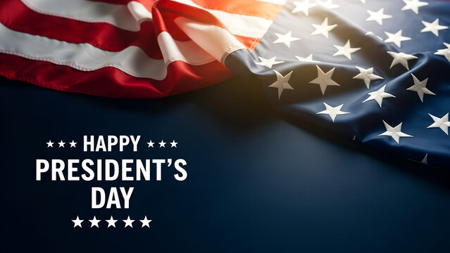 Happy Presidents Day celebration with a waving American flag and stars on a dark blue background