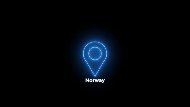 Neon glowing blue location pin looped icon with the word Norway on a black background. Modern Norway country map marker design. Place search and direction animated.4k video.