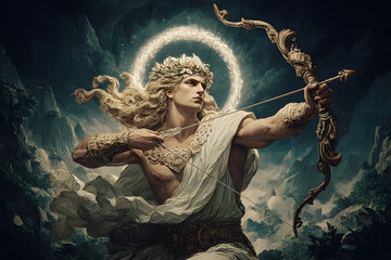 Powerful artistic illustration of Apollo the Greek God of mythology and sun light holding a golden bow and divine celestial energy orb in a dramatic ancient epic mountain landscape setting