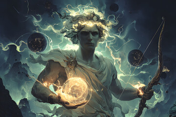 Powerful artistic illustration of Apollo the Greek God of mythology and sun light holding a golden bow and divine celestial energy orb in a dramatic ancient epic mountain landscape setting