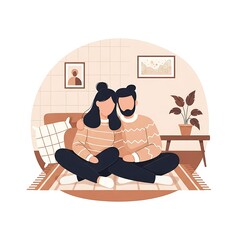 Cozy couple sitting together on rug wearing matching sweaters with warm interior