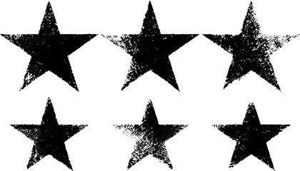 Distressed grunge black star symbols with old hand drawn look for retro graphic design projects, star design