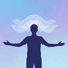 Silhouette of man standing arms outstretched experiencing mental clarity abstract waves floating above head
