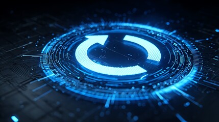 Glowing digital render of a circular arrow symbol on a circuit board, suggesting renewal