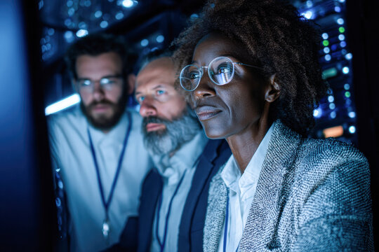 A focused team of professionals analyzes data in a server room, showcasing collaboration and expertise in technology.