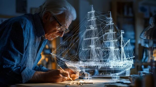 A senior craftsman focuses on constructing a model sailing ship, illuminated by a holographic wireframe. The image captures the fusion of classic model making and modern digital innovation