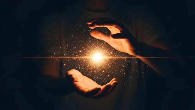 Glowing energy sphere held between human hands. Power of imagination and creative potential concept. Person manifesting a bright spark of light in a dark cinematic environment