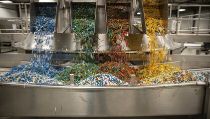 Medium view of colored regrind fibers combined with fresh feedstock at a recycling plants blending station showcasing vibrant ecofriendly manufacturing.