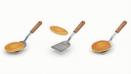 Pancakes Being Flipped with Spatulas on White Background Keywords: pancakes, flipping, spatula