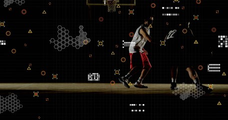 Dribbling light-jersey or dark-#12 players contesting near hoop at gym, digital overlays, copy space