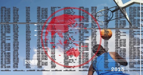 Leaping player in blue jersey dunking basketball at outdoor court with data overlay, copy space