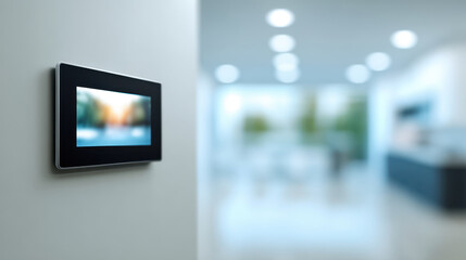 Smart home control panel on wall in modern interior showing digital innovation for future intelligence and digital literacy