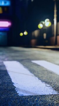 Shallow focus on rail with luminous cityscape in background, Detailed shot of fence against glowing city neon lights with shallow depth effect