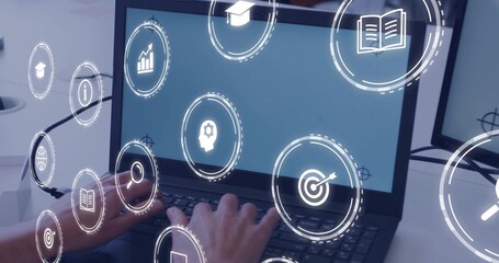 Typing adult hands with dark sleeves pressing laptop keys at desk, showing overlay graduation icon