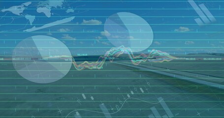 Showing multicolored line chart and circular charts overlaying runway landscape, teal grid lines