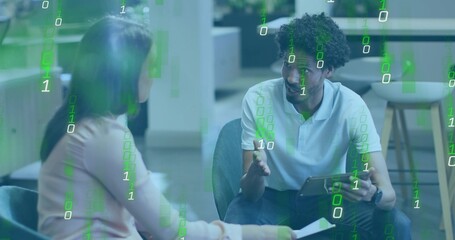 Discussing in office lounge, polo man and pink-blazer woman holding tablet, paper, binary overlay