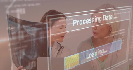 Reviewing dr-stethoscope and cardigan patient viewing chest Xray at clinic, Processing Data or Loadi