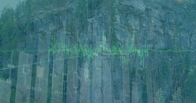 Showing rocky cliff face with pines, faint charts and numbers on mountain cliff with green waveform - Powered by Adobe