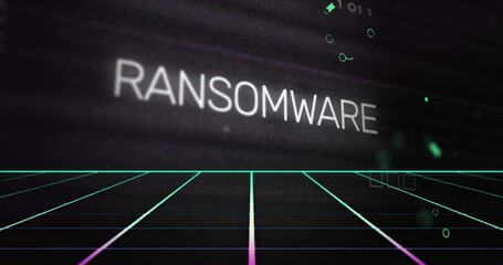 Displaying white RANSOMWARE text hovering over neon grid floor in cyber terminal, with scanlines