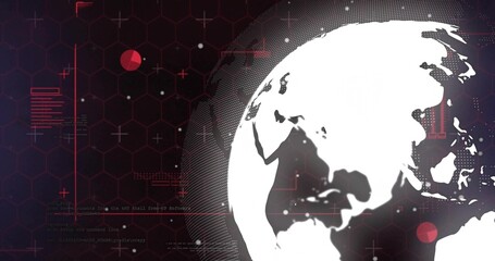 Rotating stylized white globe on right over hex-grid in cyber interface, showing red HUD elements