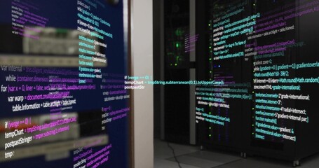 Displaying glass-front server racks with stacked chassis and code reflections in data center aisle