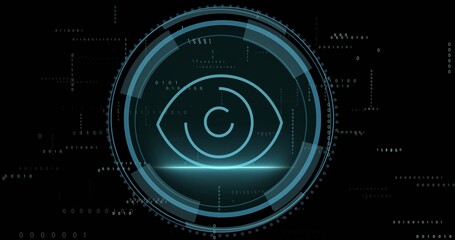 Rotating circular HUD showing concentric rings in cyber panel, with cyan eye symbol and binary