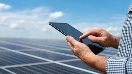 Digital literacy and intelligence empower future innovation as person uses tablet outdoors near solar panels under clear sky