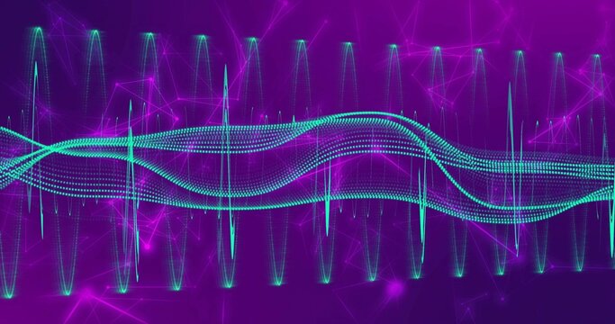 Undulating teal-cyan dotted waveform flowing across virtual purple network, showing vertical spikes - Powered by Adobe