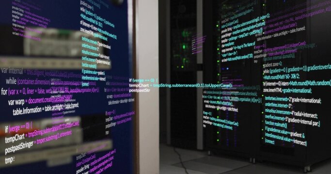 Displaying glass-front server racks with stacked chassis and code reflections in data center aisle - Powered by Adobe
