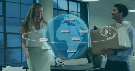 Displaying holographic globe and chat UI in tech office, woman white blouse, man holding box