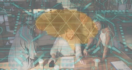 Working seated man using tablet and phone at wooden table in cafe, smart-casual, cups, docs, AR