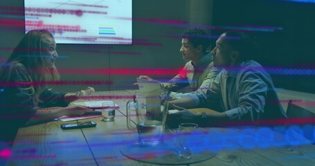 Reviewing printed docs, team sitting in meeting at wooden table, woman in dark blazer, glitch lines