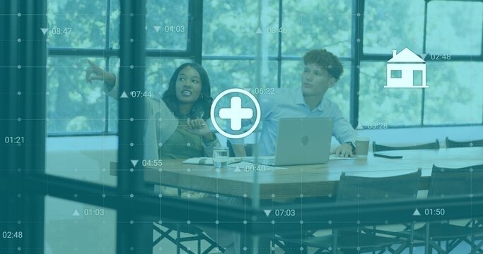 Pointing woman and watching man wearing blazers, leaning toward screen in meeting room with laptop - Powered by Adobe