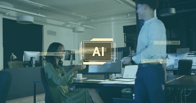 Reaching green-dress woman handing coffee mug to blue-shirt man at modern office with AI hologram - Powered by Adobe