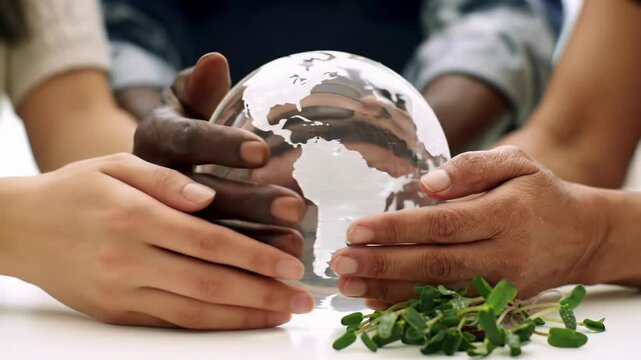 Diverse hands cradle a luminous glass globe (continents, no borders) with dew-kissed green sprouts on a matte white surface, embodying global stewardship concept