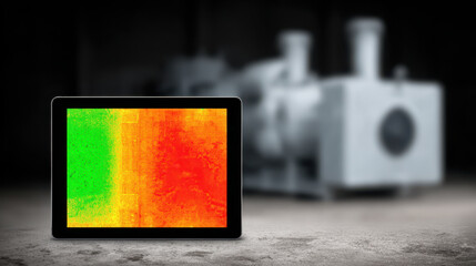 Thermal digital tablet showing heat map with green and red colors representing intelligence and innovation for future technology and digital