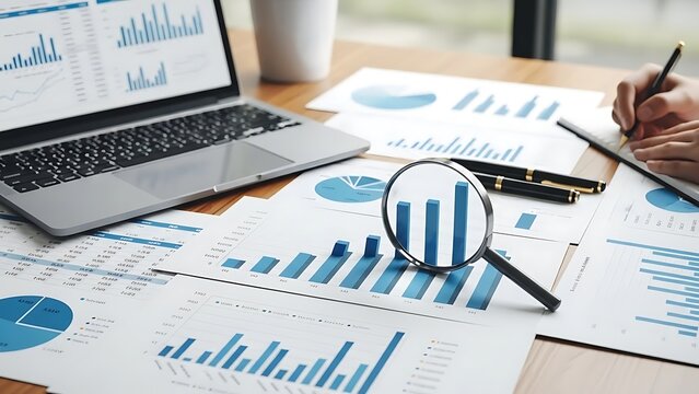 Laptop and magnifying glass over financial charts and graphs business data