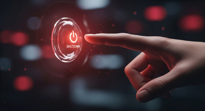 Finger pressing glowing power button, initiating shutdown sequence with red bokeh background. - Powered by Adobe