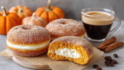 Pumpkin Spice Delight: An enticing autumnal arrangement features freshly baked pumpkin spice doughnuts alongside a rich cup of coffee, inviting you to savor the warmth and flavors of the season. 