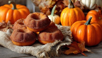Autumn Delight: Pumpkin-spiced donuts and ripe pumpkins create a warm, inviting tableau, embodying the essence of fall's harvest and the cozy spirit of the season.