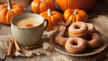 Autumn Delight: A rustic still life captures the essence of autumn, with a steaming mug of spiced beverage, a plate of sugared donuts.