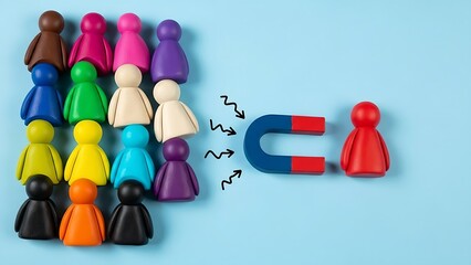 Colorful clay figures arranged in rows being attracted by a horseshoe magnet symbolizing recruitment and business strategy