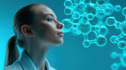 Digital intelligence and literacy shape future of innovation as woman studies molecular structures with focused determination and hope