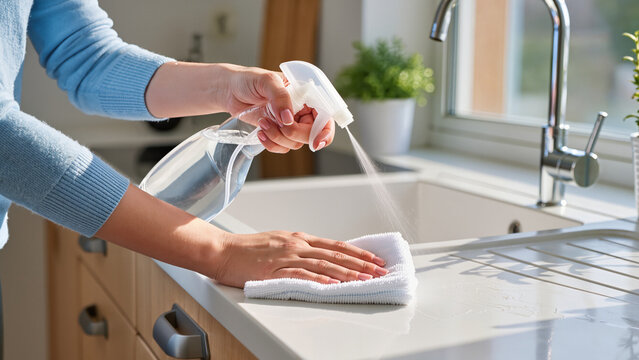 woman cleaning kitchen, Surfaces are shiny and clean, A microfiber cloth is effective, Home maintenance is very important, Housework is done with care