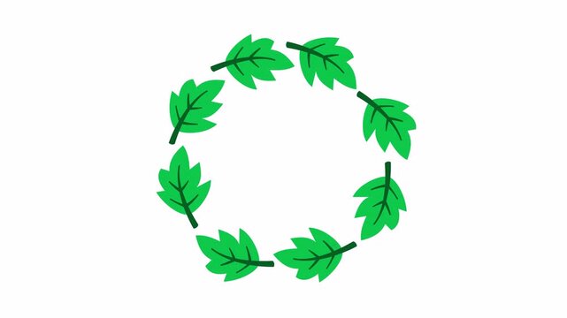 Circular green leaf wreath frame in cartoon animation isolated on a transparent background. Minimalist green leaves rotation for botanical circle border. Suitable for a wedding invitation element.