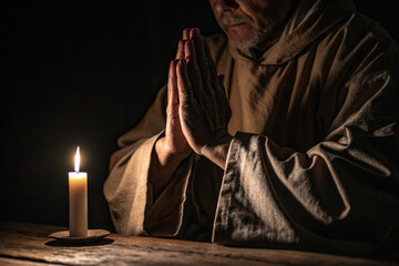 Hands in Prayer with Dim Candlelight Symbolizing Lenten Devotion