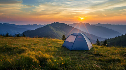 Camping tent high in the mountains. tourist tent camping in mountains at sunset