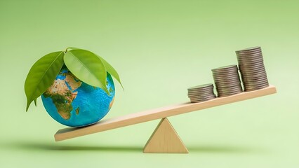 Balancing scale shows a green planet earth with leaves against stacked coins representing financial growth and economic sustainability