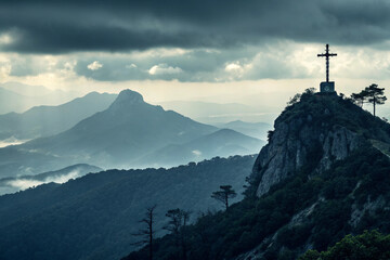 Misty Mountain Cross Silhouette Symbolizing Lenten Endurance