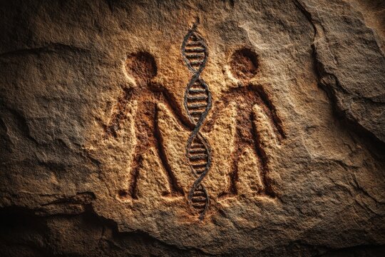 Stone carving of two humans linked by DNA helix